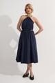 Cotton Poplin Chain Halter Woven Midi Dress Navy color