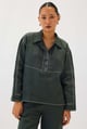 Linen Top Stitch Detail Top | Dark Green Dark Green color