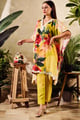 Cotton Silk Print Floral V Neck Rose Bloom Kaftan and Pant Set Yellow color