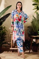 Cotton Silk Print Floral Collared Neck Flower Garden Long Shirt with Pant Blue color
