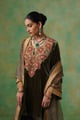 Girija Embroidered Velvet Suit Set Green color