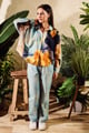 Linen Print Floral Collared Neck Watercolor Shirt with Pant Sea Green color