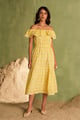 Sunkissed Eyelet Lace off the Shoulder Midi Dress Yellow color