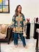Floral Tissue Jacket Style Kurta Teal Blue color