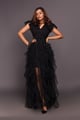 V Neck Ruffled Dress with Cutwork and Sequin Belt Black color