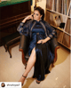Hand Draped Gown with Kimono Shirt Dark Blue color