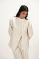 Linen Striped Band Collar Top with Front Slit | off White & Green Off-White color