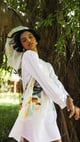 White A-Line Dress with Puff Sleeves and Printed Pockets - ART LOV AFFAIR - Image 1
