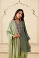 Green Crush Tissue Hand Embroidered Set with Organza Dupatta Green color