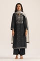 Black and off White Woven Linen Salwar Suit Black color