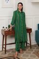 Green Cotton Silk Print Bar Stripe Mania Collar Neck Kurta with Pant Green color