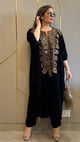Navy Blue Velvet Hand-Embroidered Kaftan Co-Ord Navy Blue color