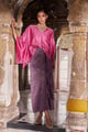 Benares Tissue Stripe Kaftan Top & Stripe Drape Skirt Set Pink color
