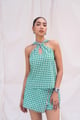 Green Gingham Halter Top with Piping Detail Green/White color