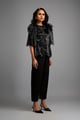 Textured Black Shimmer Top with Sculptural Shoulders and Cropped Pants Black color