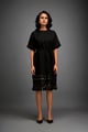 Dress with Belted Waist and Metallic Geometric Hemline Black color