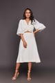 Front Cutout Sequin Puff Sleeves Midi Dress White color