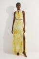 Abstract Floral Crystal Embellished Woven Split Maxi Dress Yellow color