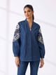 Dark Denim Shrug With Bold Tribal Embroidery - THE LUXURY DRESSING - Image 1
