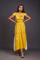 Lapel Collar Long Dress with Side Cutouts Yellow/White color