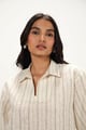 Off-White & Green Linen Striped Collar Neck Top & Pant Co-Ord Set Off-White color
