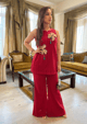 Red Cutwork Coord Set with Flared Pants Red color