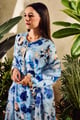 Cupro Satin Print Floral Round Watercolor Flower Kurta and Pant Set Blue color