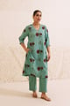Teal Cotton Hand Block Floral Print Kurta Set Teal color