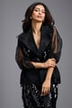 Organza Sleeve Sequin Wrap Top Black color