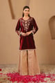 Floral Zari Velvet Kurta with Sharara Maroon color