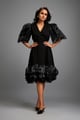 Black Midi Dress with Shimmer Sleeves and Tiered Skirt Black color