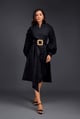 Midi Dress with Pleated Detailing on Net Sleeves Comes with Belt Black color