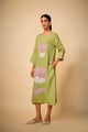 Pure Linen Pista Green Pink Floral Embroidered Dress Pista Green color