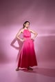 Cotton Halter Neck Woven Midi Dress with Dropped Waist Detail Pink color