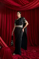 Pleated Skirt Saree with Bell Sleeve Blouse & Belt Black color