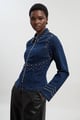 Dark Blue Studded Zip-Front Denim-Look Jacket - KAREN MILLEN - Image 1
