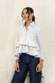 White Hi-Low Tiered Cotton Shirt with Blue Gingham Trim - Rhe-Ana - Image 1