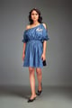 Two-Tone Off-Shoulder Dress with Metallic Embellishments Blue color