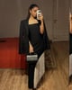 Petite Figure Form Bandage Asymmetric Fringe Hem Knit Dress Black / White color
