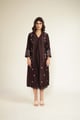Grape V-Neck Dress in Silk Chanderi and Printed Silk Chanderi Jacket with Embroidery Grape color
