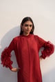 Flower Sleeves Pleat Dress Maroon color