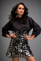 Shirt Paired with a Metallic Mini Skirt Gunmetal & Black color