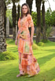 Mandarin Maxi Multi Color Ruffler Pleated Maxi Dress Orange/Green color