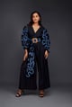 V Neck Culotte Style Jumpsuit with Puffed Sleeves and Pleated Frill Detailing Black/Blue color