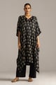 Black Lotus Print Gaji Silk Festive Kaftaan Set (Co-Ord Set) Black color