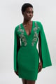 Bandage Form Fitting Cape Sleeve Embellished Mini Dress Green color