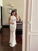 Viscose Blend Knit Halter Neck Sheer Skirt Midaxi Dress Off-White color