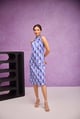 Blue Aquarelle Print Embroidered Gajji Silk Halter Neck Dress Blue color