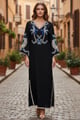 Black Linen Embroidered V-Neck Kaftan - BOHO-CHIC - Image 1