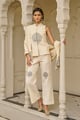 Linen Embroidered Pant Set with Shawl Cream color